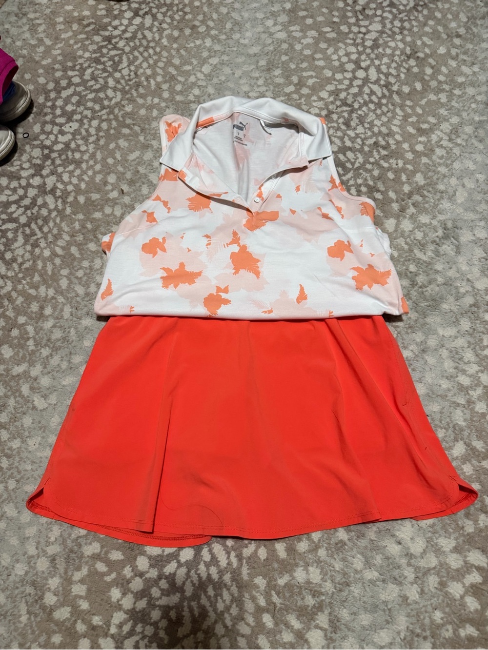 Puma Womens White & Coral Printed Golf Polo with Coral Pull-On Golf Skort